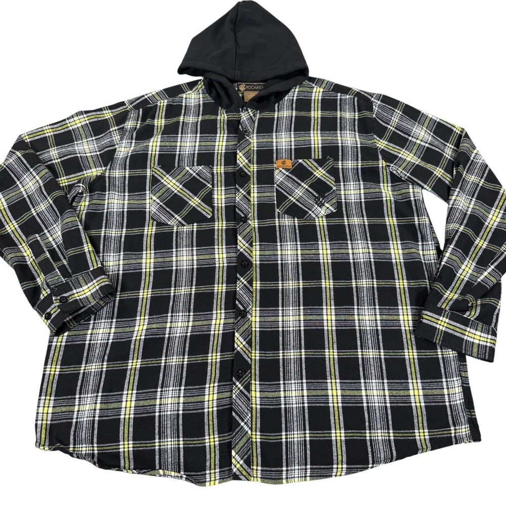 Rocawear Men's XXL Hooded Flannel Shirt Black Yellow Plaid Button Up Y2K